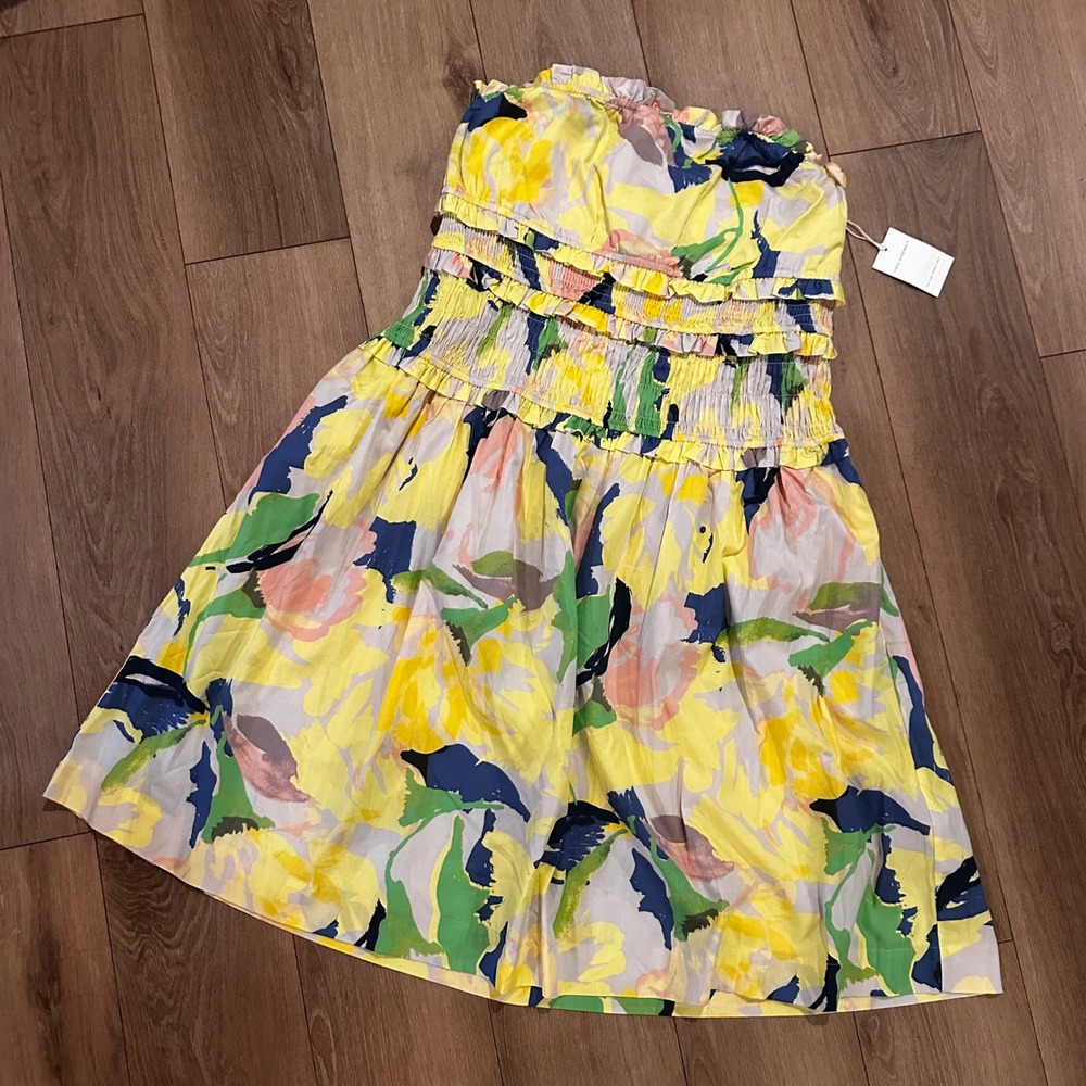 Free Assembly Strapless Smocked Midi Dress XXL 20 Floral Yellow Green Cotton